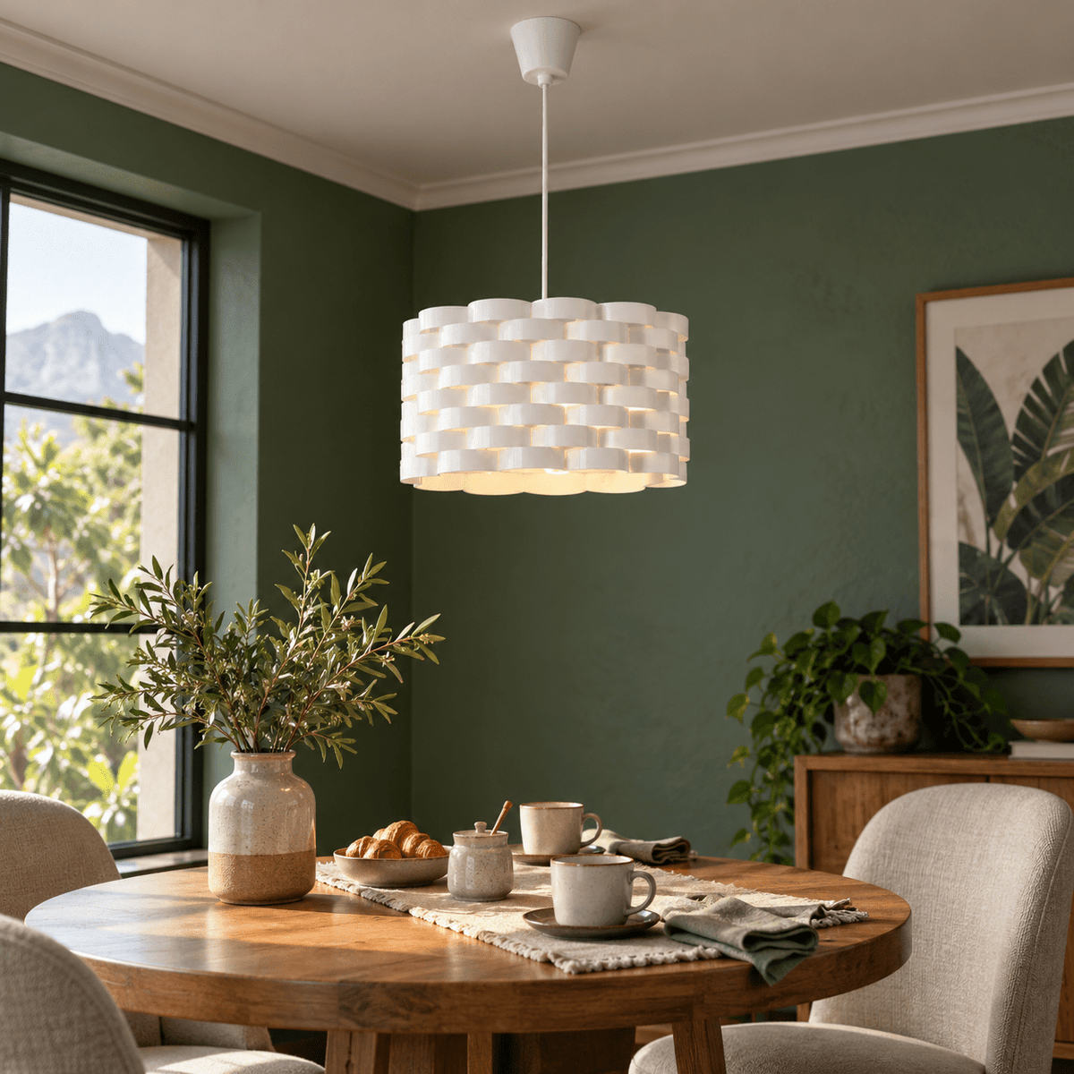 Inter Acrylic Pendant Light — in a green guesthouse breakfast nook