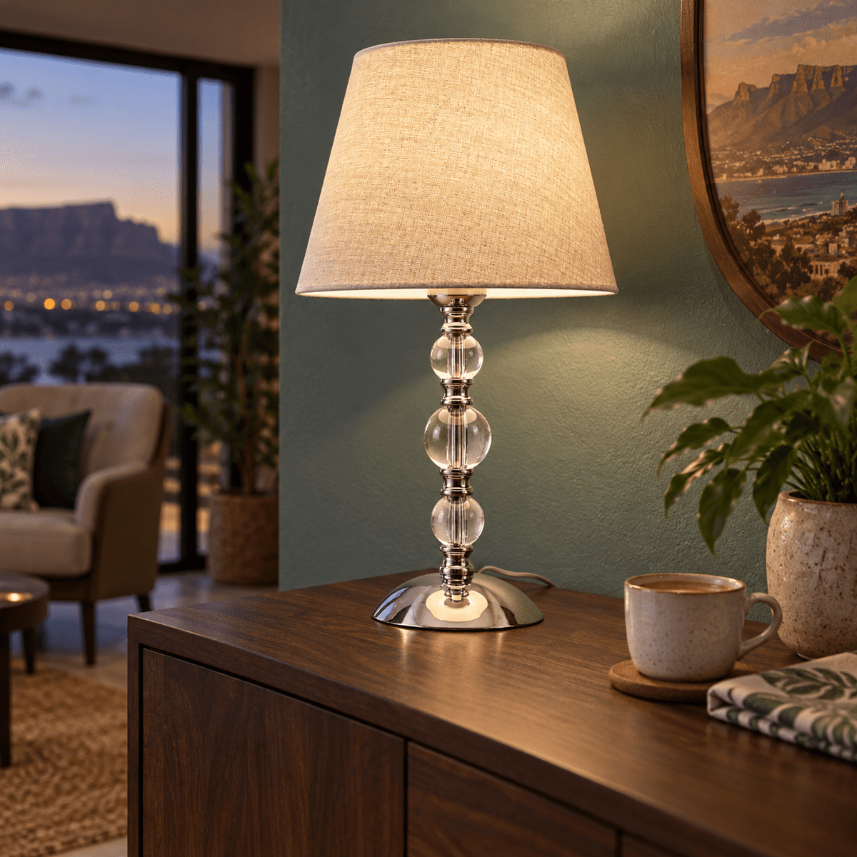 Myrna Satin Chrome Table Lamp with Hessian Shade — on a guesthouse lounge credenza at dusk