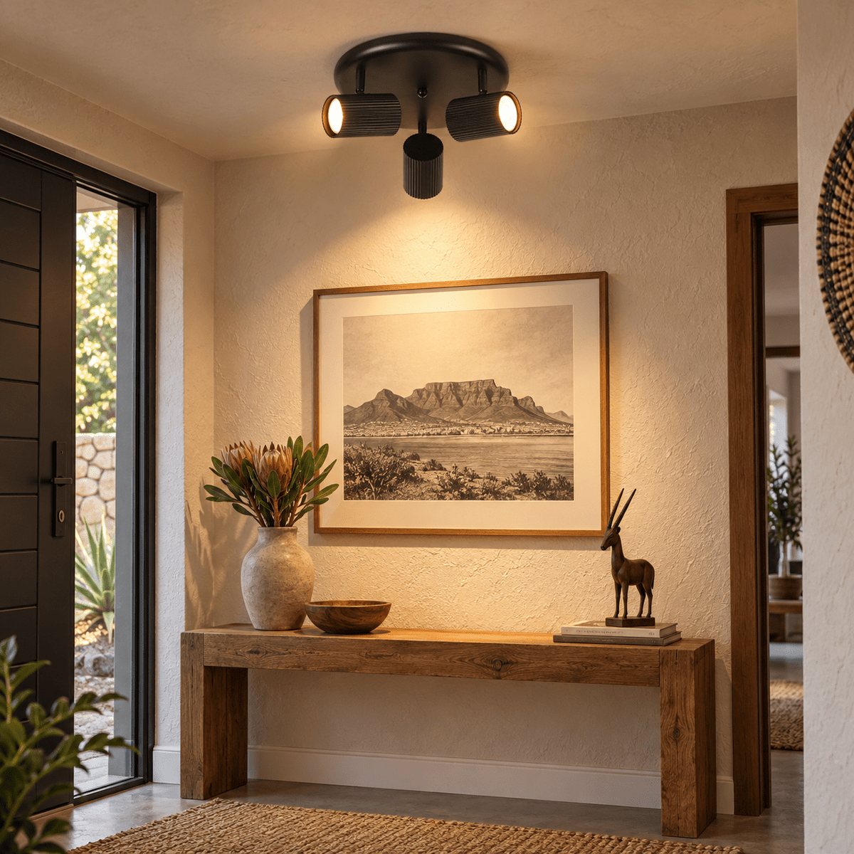 3 Light Ribbed Matt Black Ceiling Spotlight in a realistic hallway ceiling setting