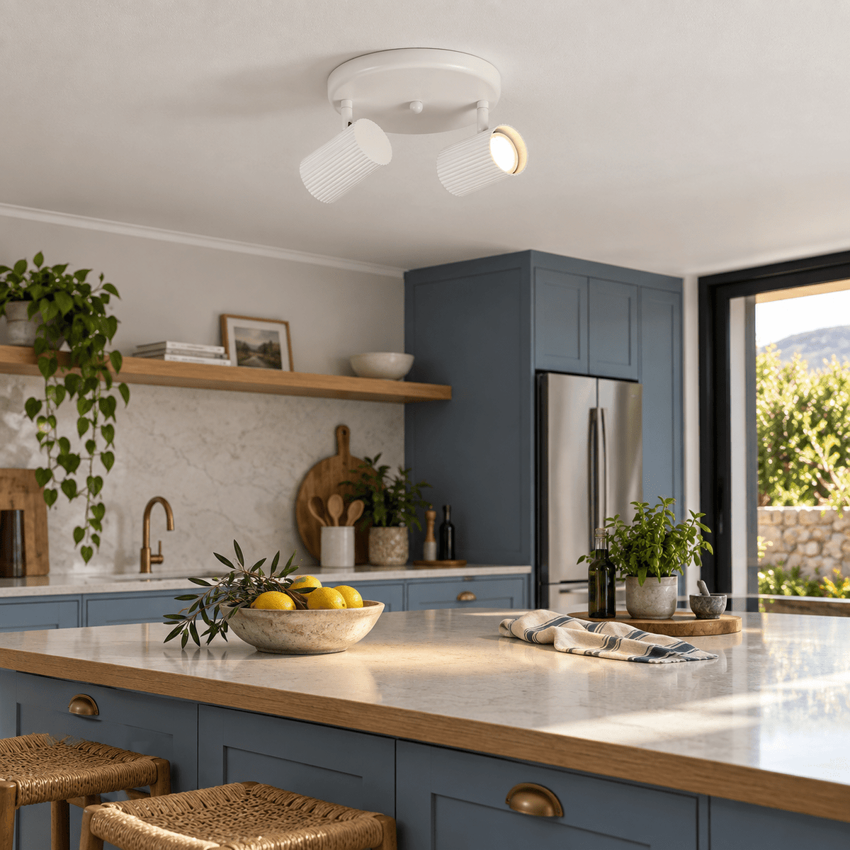 2 Light Ribbed Matt White Ceiling Spotlight in a realistic dusty-blue kitchen island setting
