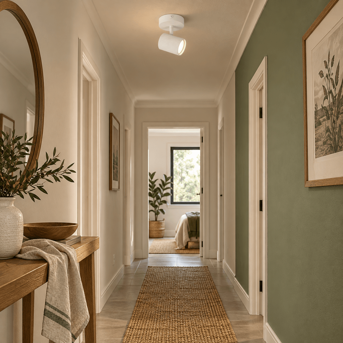 1 Light Ribbed Matt White Ceiling Spotlight in a realistic sage hallway setting