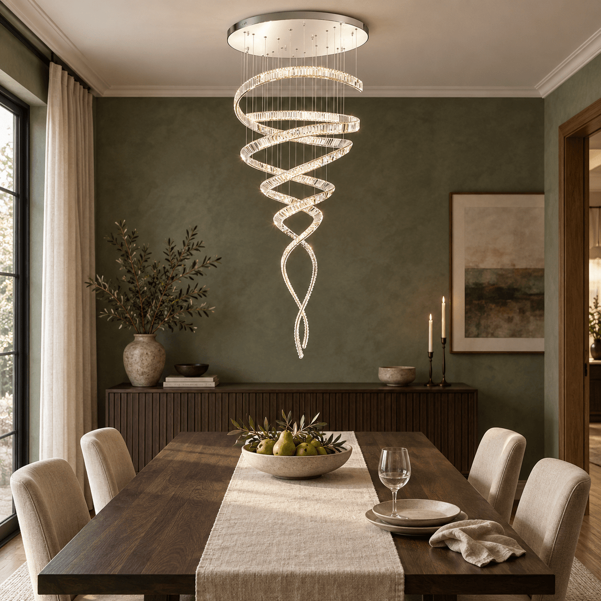 Ballerina 200 Crystal Chandelier in a realistic muted-sage dining room setting