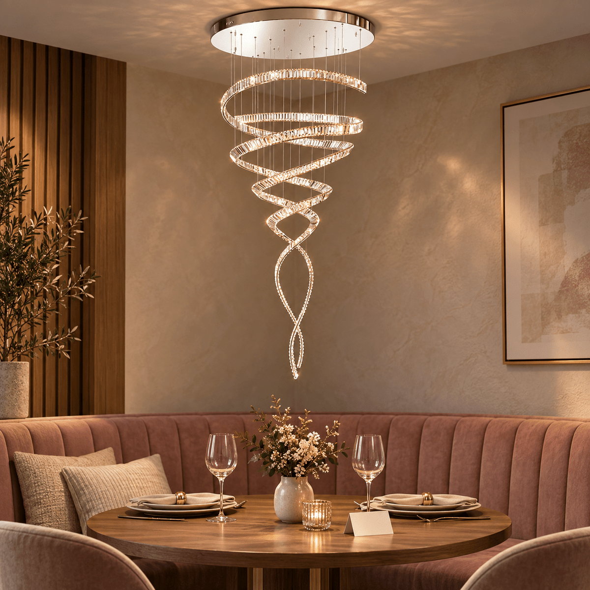 Ballerina 200 Crystal Chandelier in a realistic clay-pink dining nook setting