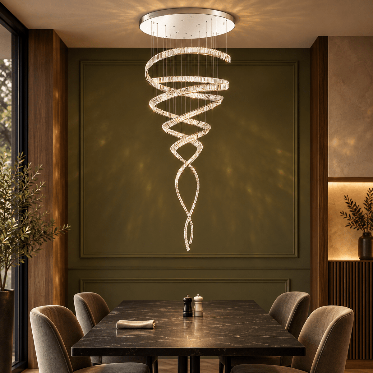 Ballerina 200 Crystal Chandelier in a realistic olive restaurant dining room setting