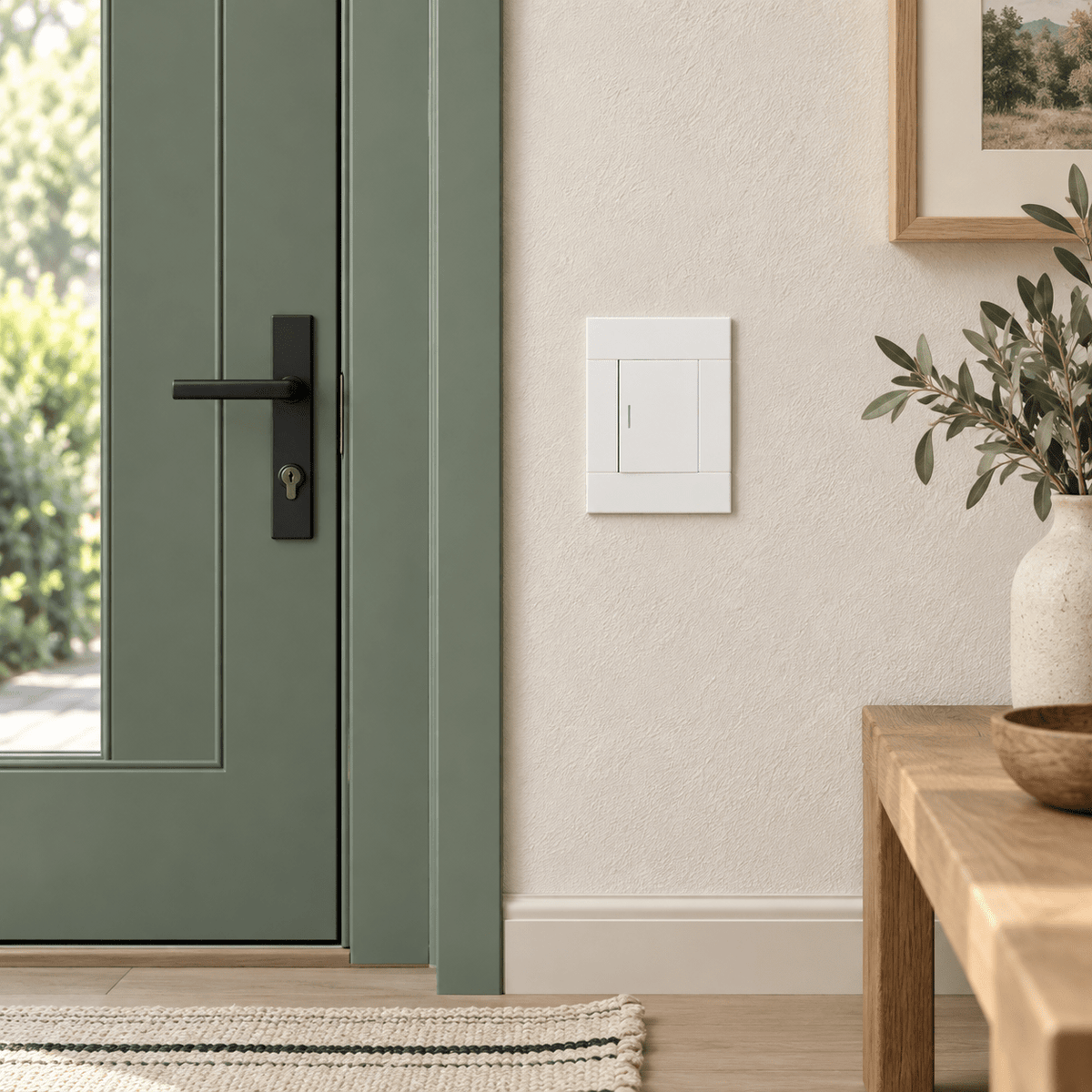 Veti 2 White Single Lever Wall Switch in a realistic eucalyptus entry hall setting