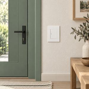 Veti 2 White Single Lever Wall Switch in a realistic eucalyptus entry hall setting
