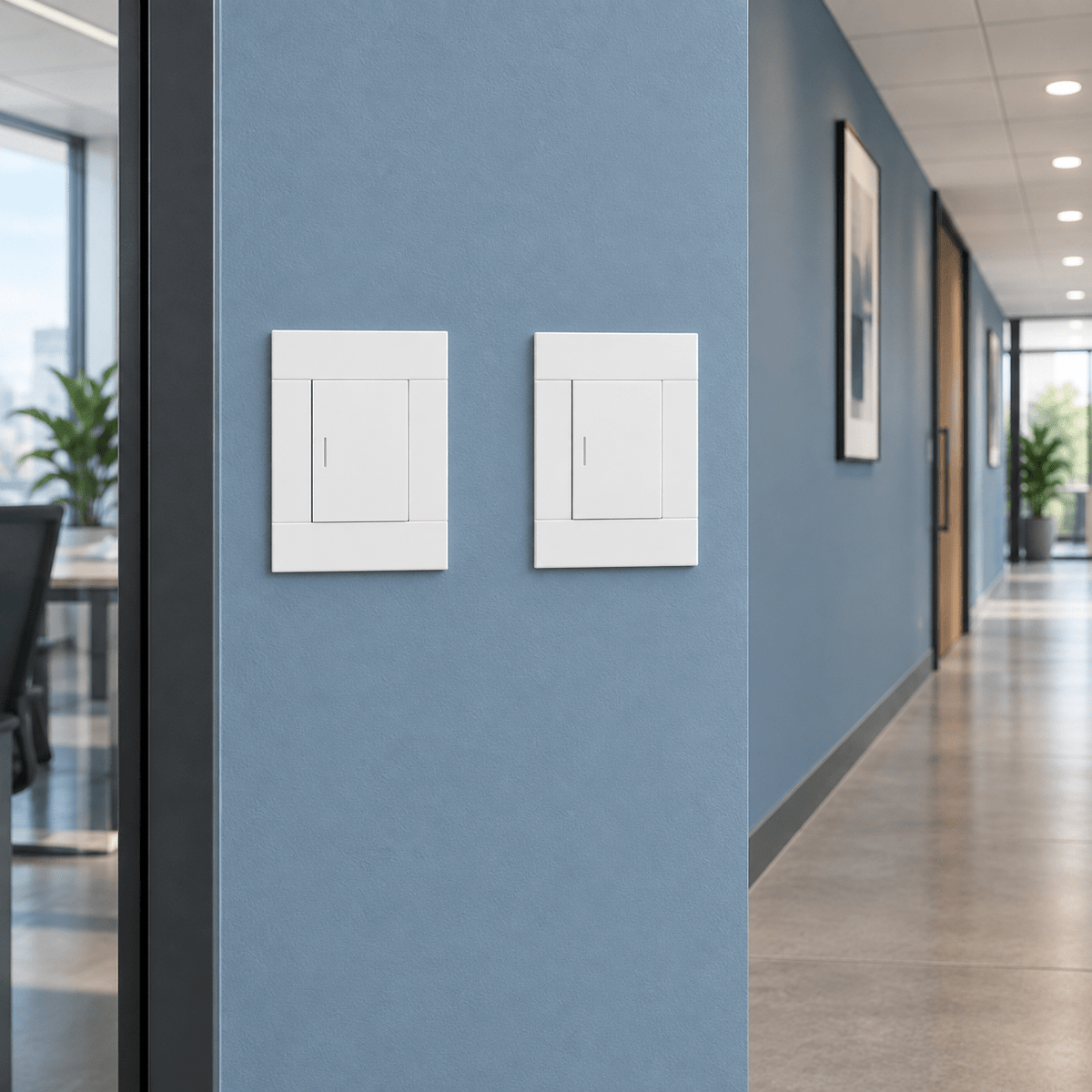 Veti 2 White Single Lever Wall Switch in a realistic dusty-blue office corridor setting