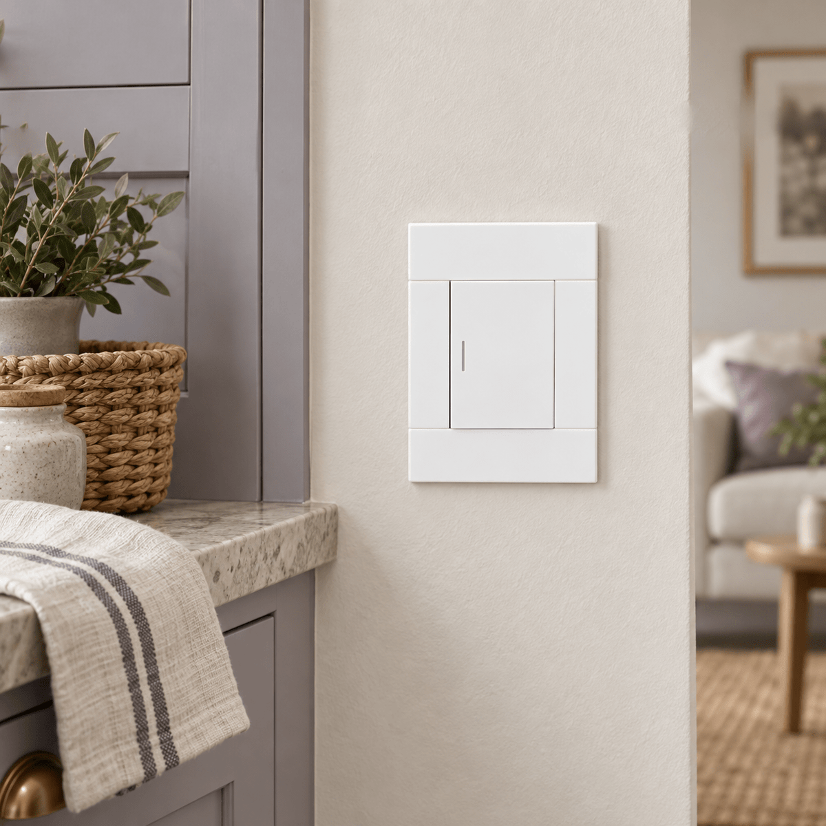 Veti 2 White Single Lever Wall Switch in a realistic greyed-lavender living room setting