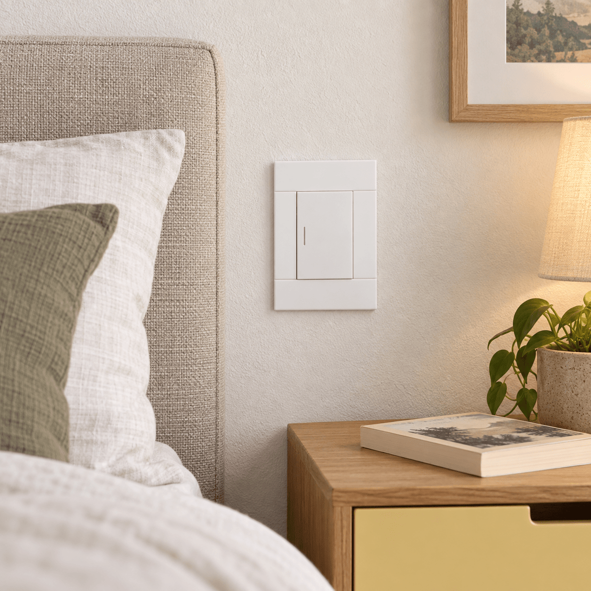 Veti 2 White Single Lever Wall Switch in a realistic butter-yellow bedroom setting