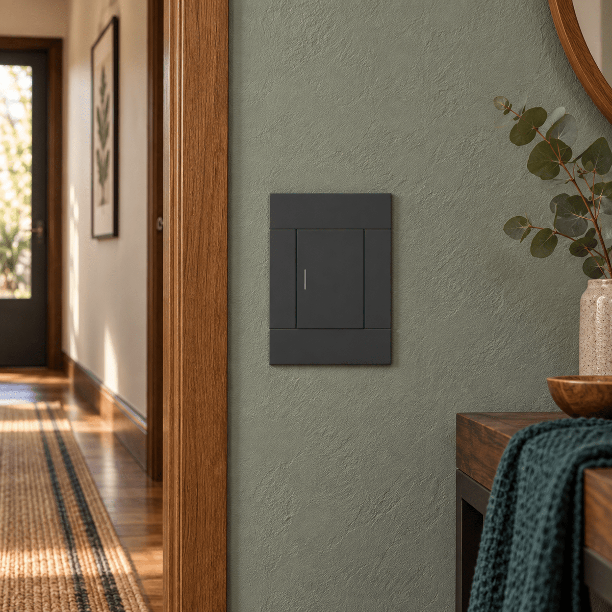 Veti 2 Charcoal Single Lever Wall Switch in a realistic eucalyptus hallway setting