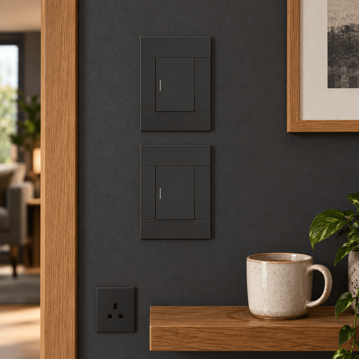 Veti 2 Charcoal Single Lever Wall Switch in a realistic charcoal accent wall setting