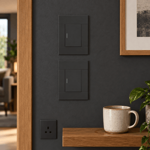 Veti 2 Charcoal Single Lever Wall Switch in a realistic charcoal accent wall setting