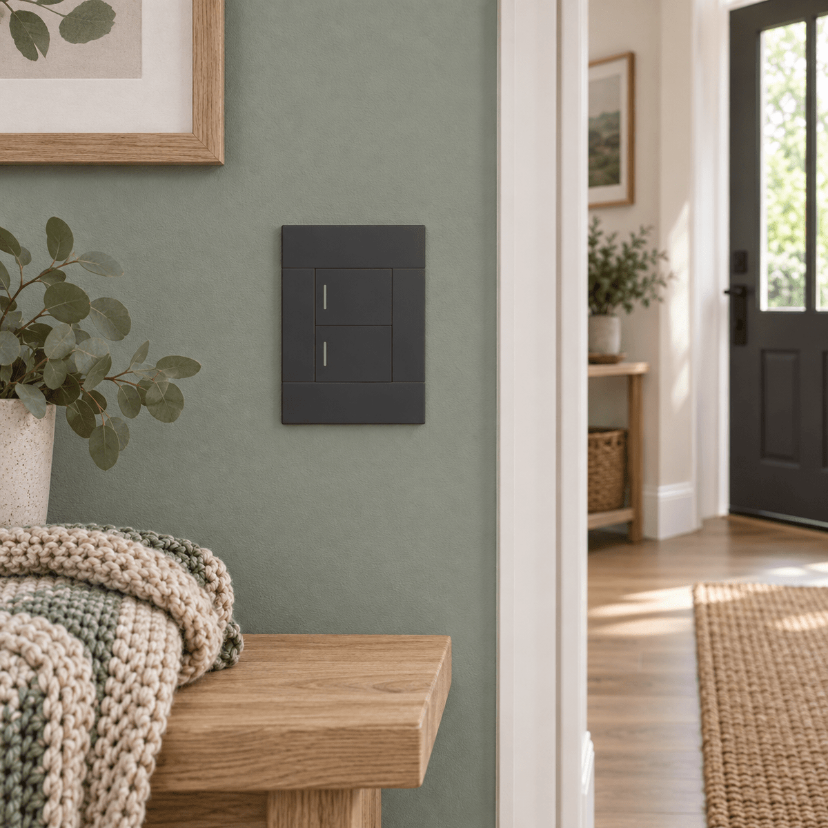Veti 2 Charcoal Two Lever Wall Switch in a realistic eucalyptus entry hallway setting