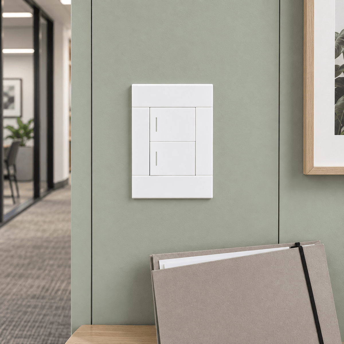 Veti 2 White Two Lever Wall Switch in a realistic soft sage office hallway setting