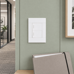 Veti 2 White Two Lever Wall Switch in a realistic soft sage office hallway setting