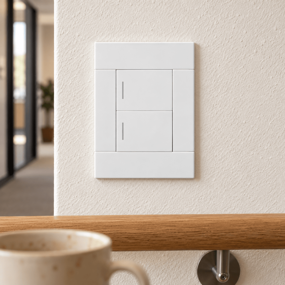 Veti 2 White Two Lever Wall Switch in a realistic warm plaster corridor setting