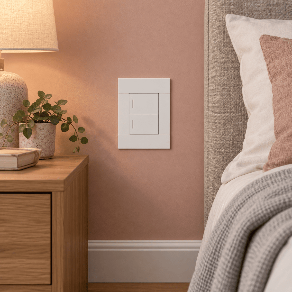 Veti 2 White Two Lever Wall Switch in a realistic clay-pink bedroom setting