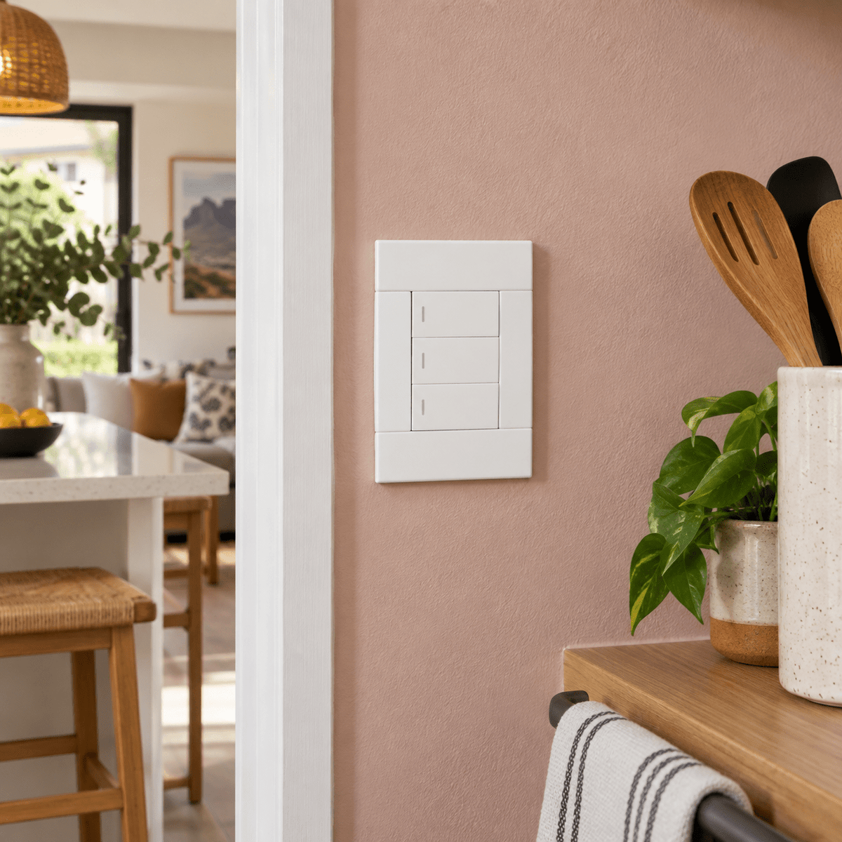 Veti 2 White Three Lever Wall Switch in a realistic clay-pink open-plan kitchen setting