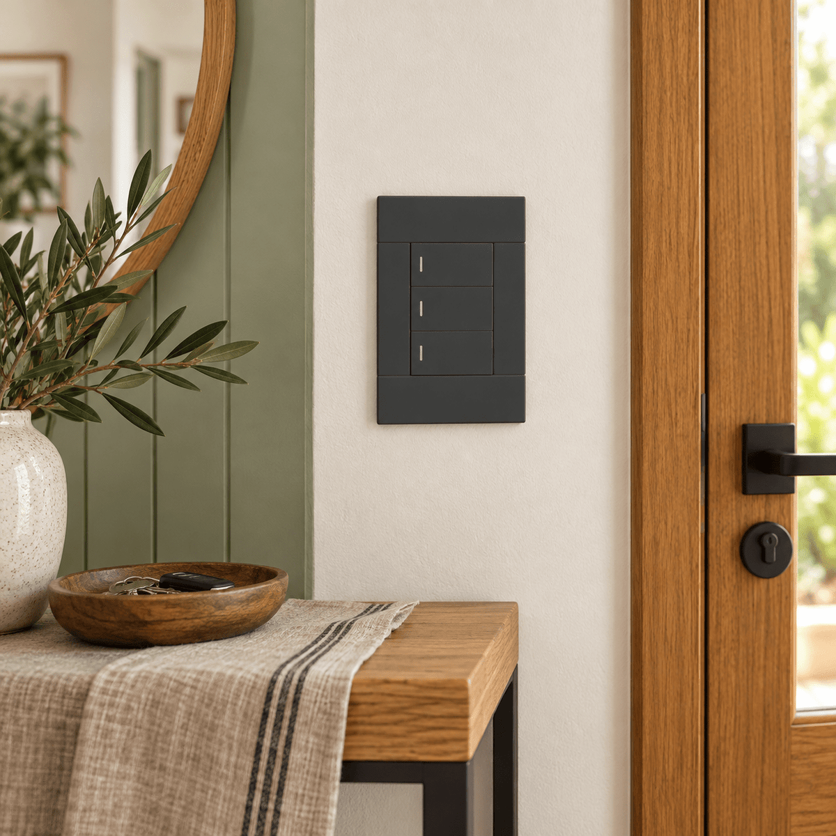 Veti 2 Charcoal Three Lever Wall Switch in a realistic sage entry hall setting