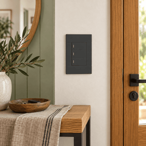 Veti 2 Charcoal Three Lever Wall Switch in a realistic sage entry hall setting