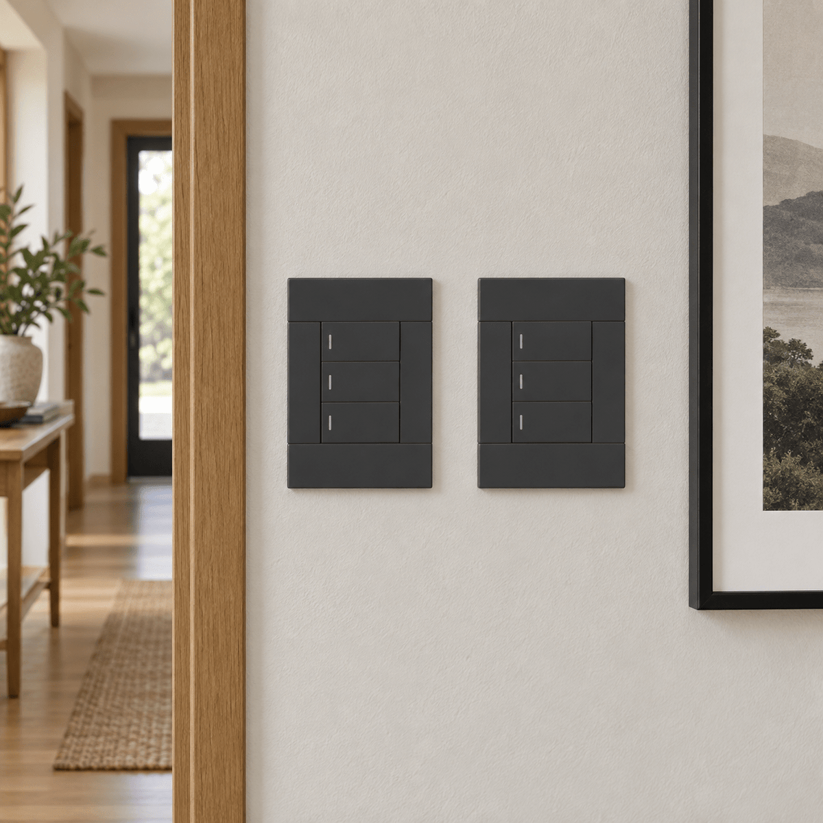 Veti 2 Charcoal Three Lever Wall Switch in a realistic matched corridor pair setting