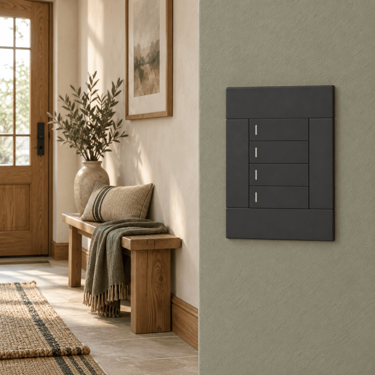 Veti 2 Charcoal Four Lever Wall Switch in a realistic sage corridor niche setting
