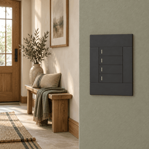 Veti 2 Charcoal Four Lever Wall Switch in a realistic sage corridor niche setting
