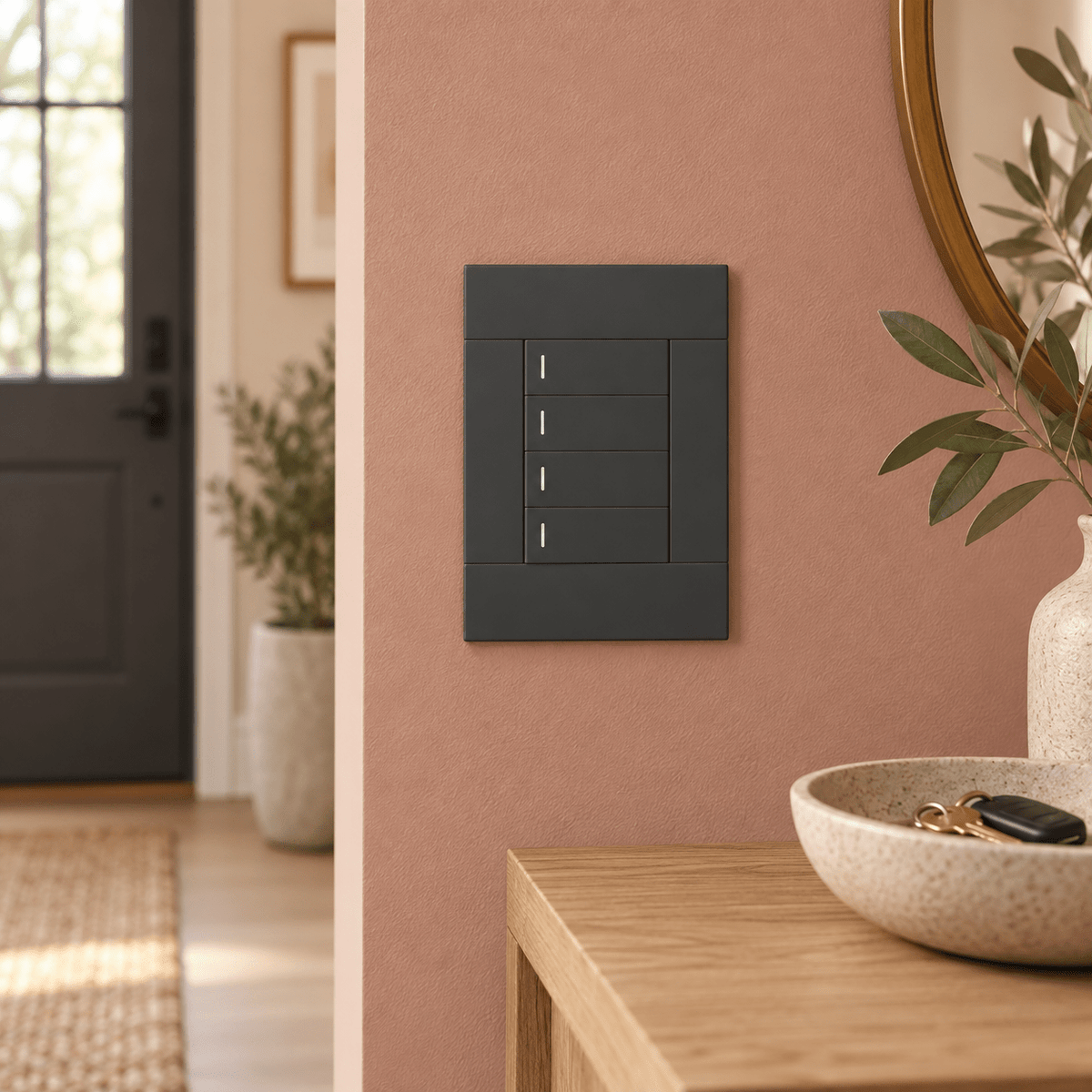 Veti 2 Charcoal Four Lever Wall Switch in a realistic clay-pink entry setting