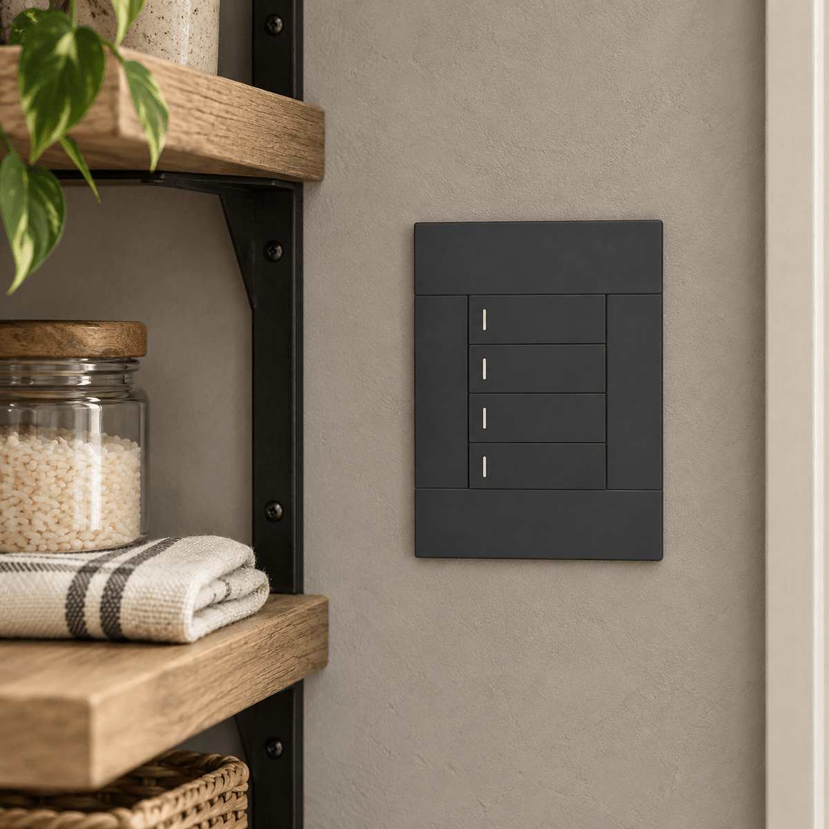 Veti 2 Charcoal Four Lever Wall Switch in a realistic warm-grey pantry setting