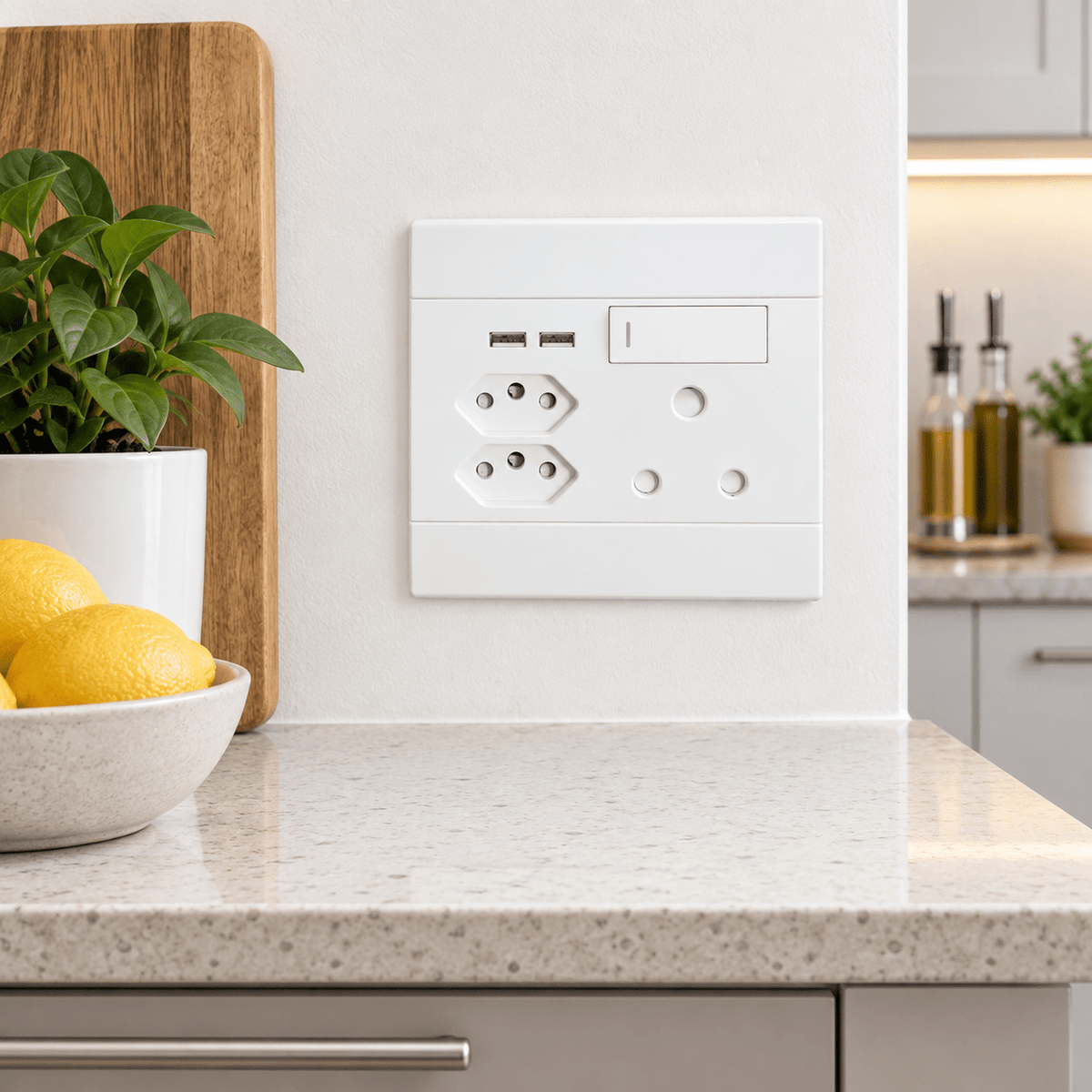 Veti 2 White USB and Switched Socket Plate in a realistic kitchen worktop setting