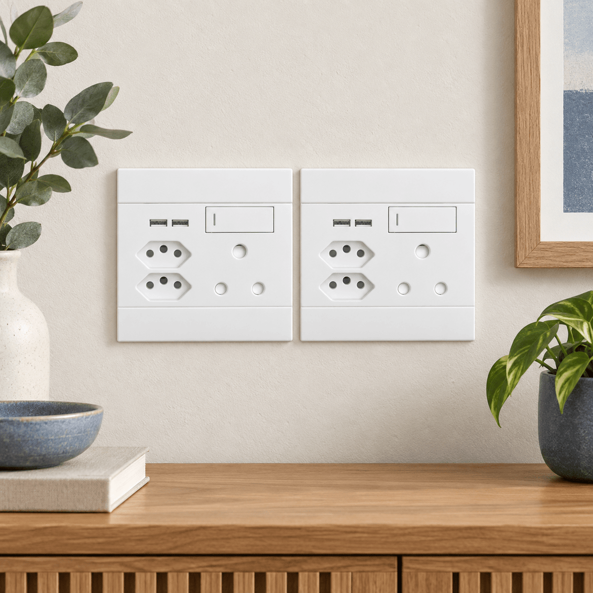 Veti 2 White USB and Switched Socket Plate in a realistic living room sideboard setting