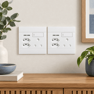 Veti 2 White USB and Switched Socket Plate in a realistic living room sideboard setting