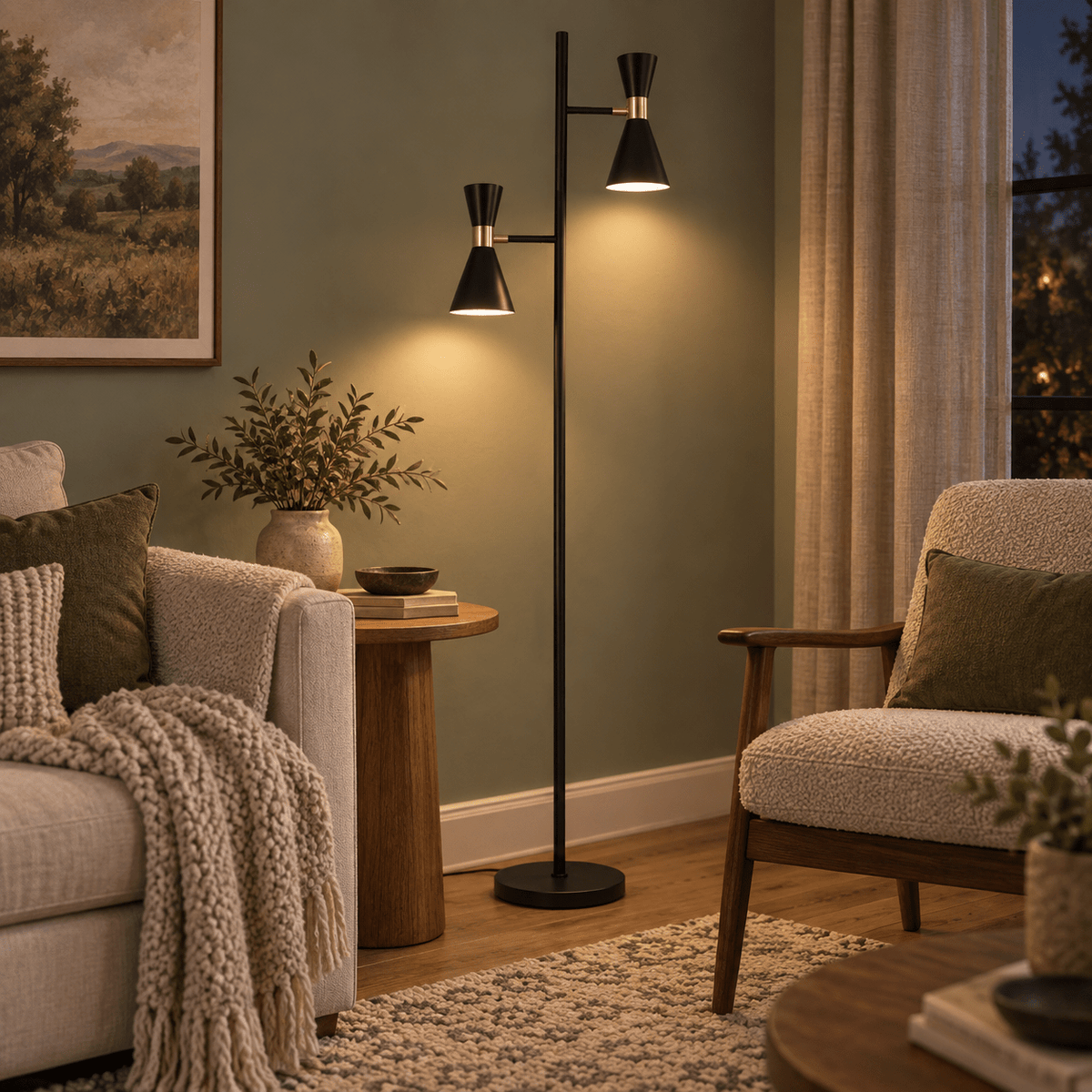 Carrington 2 Light Black and Gold Floor Lamp in a realistic sage living room setting