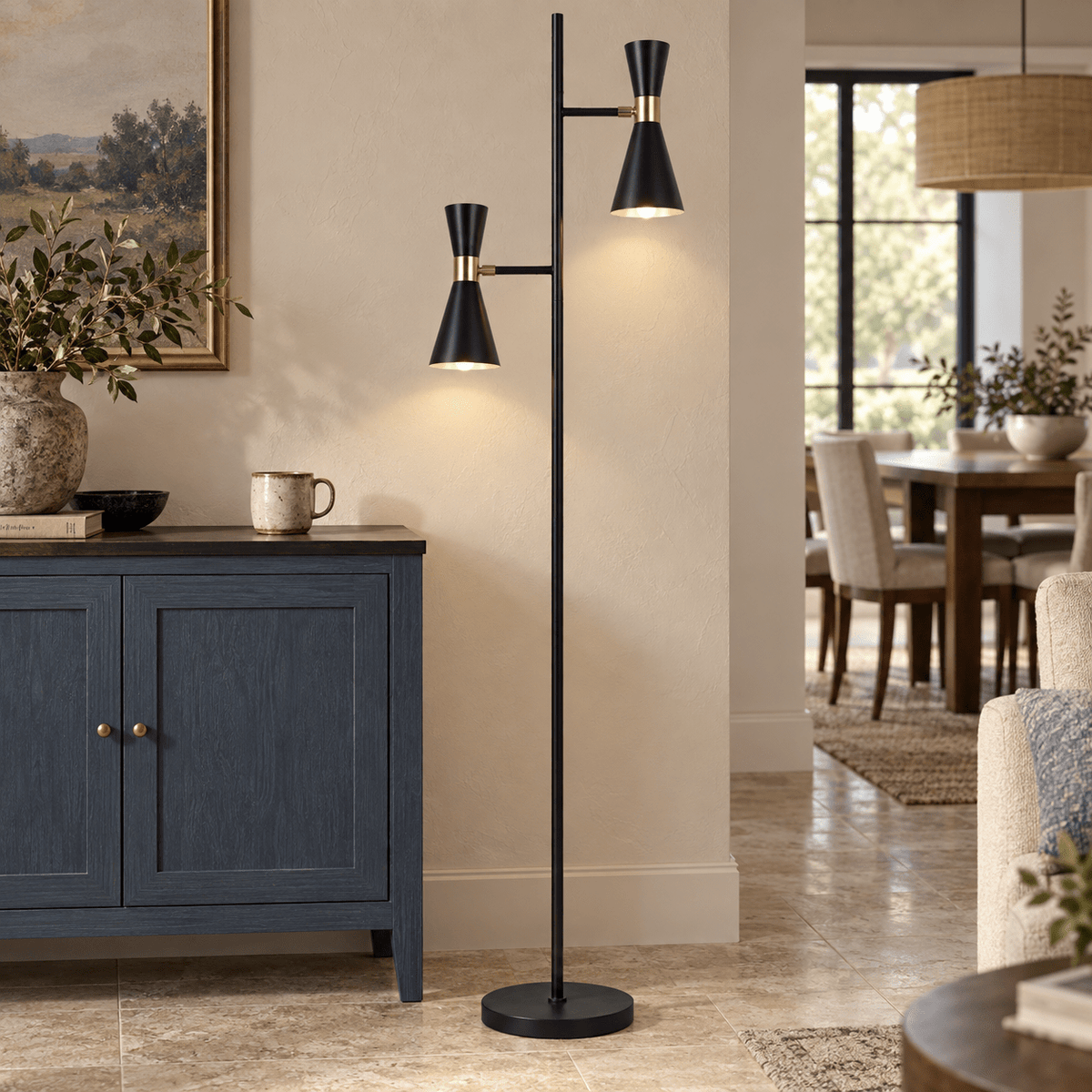 Carrington 2 Light Black and Gold Floor Lamp in a realistic dusty-blue dining transition setting