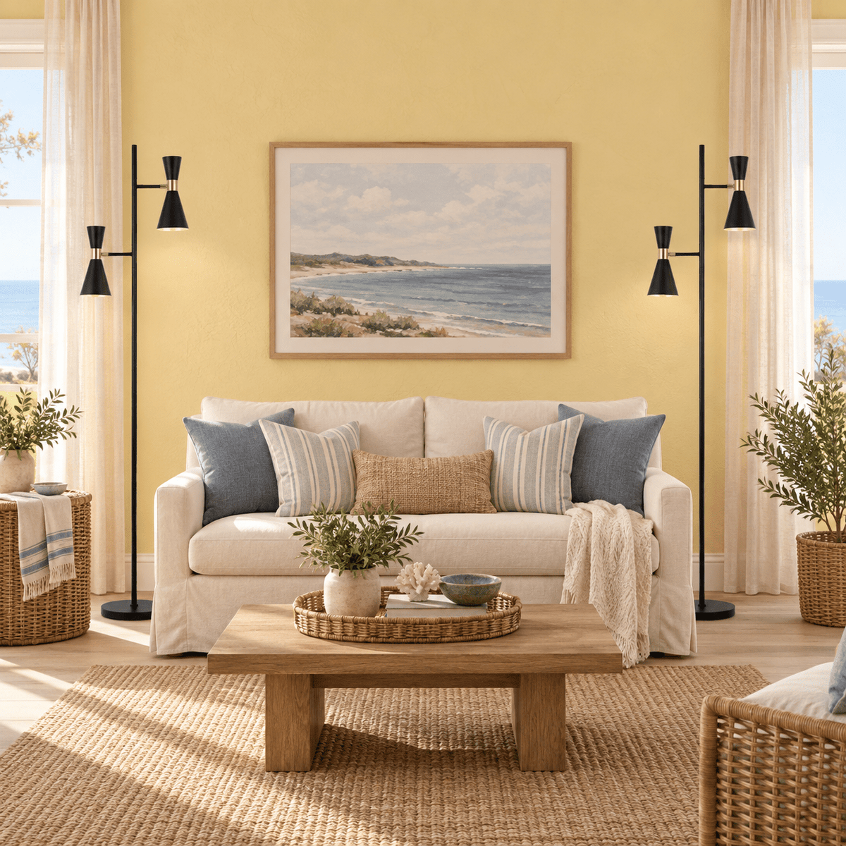 Carrington 2 Light Black and Gold Floor Lamp in a realistic butter-yellow coastal living room setting
