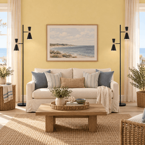 Carrington 2 Light Black and Gold Floor Lamp in a realistic butter-yellow coastal living room setting
