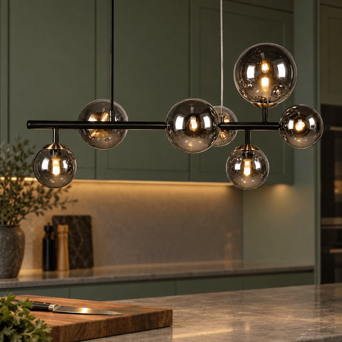 Linear Bubble Pendant Light — Close-up construction reading of the glass bubble line (ON)