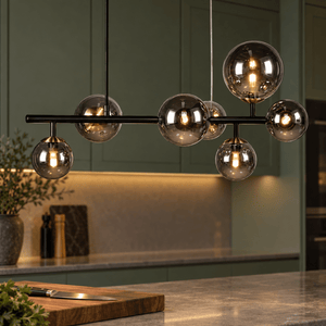Linear Bubble Pendant Light — Close-up construction reading of the glass bubble line (ON)