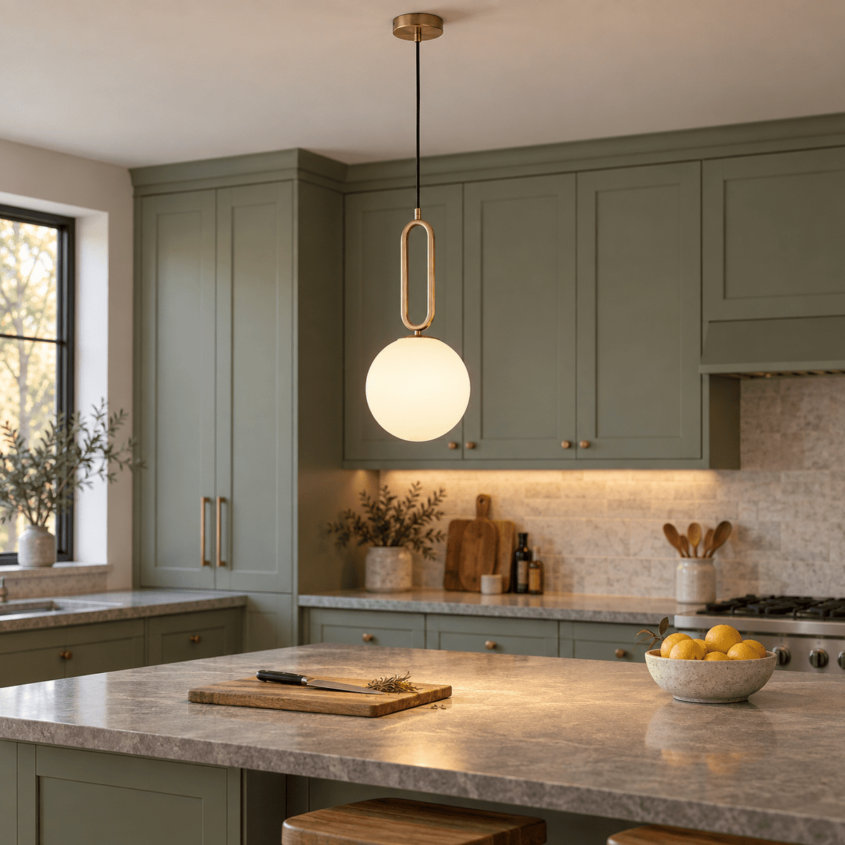 Croquet Medium Pendant Light — Kitchen island prep light with sage cabinetry