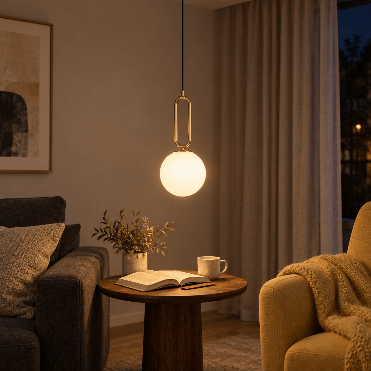 Croquet Medium Pendant Light — Lounge corner beneath a warm butter-yellow accent