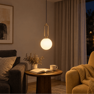 Croquet Medium Pendant Light — Lounge corner beneath a warm butter-yellow accent