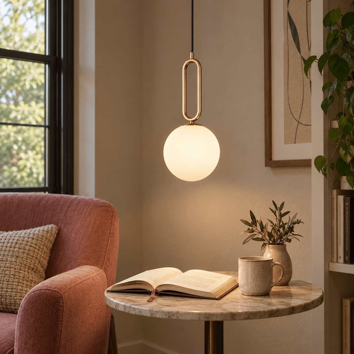 Croquet Small Pendant Light — Close-up reading nook and pendant glow on brushed brass