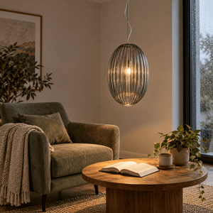Marilyn Large Smoke Pendant Light — Lounge reading corner, pendant lowered ON