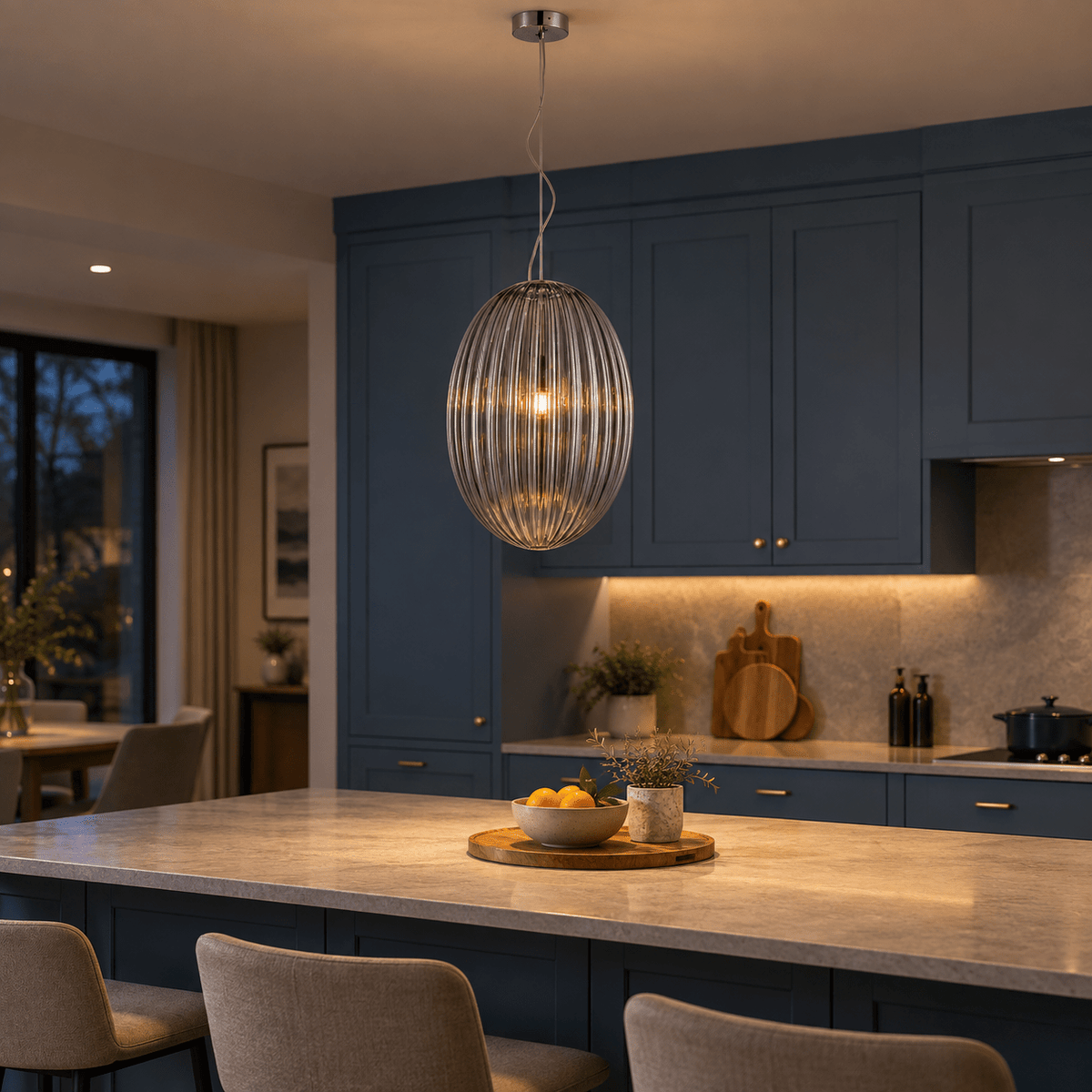 Marilyn Large Smoke Pendant Light — Evening open-plan kitchen/dining, pendant ON over island