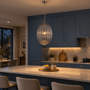 Marilyn Large Smoke Pendant Light — Evening open-plan kitchen/dining, pendant ON over island