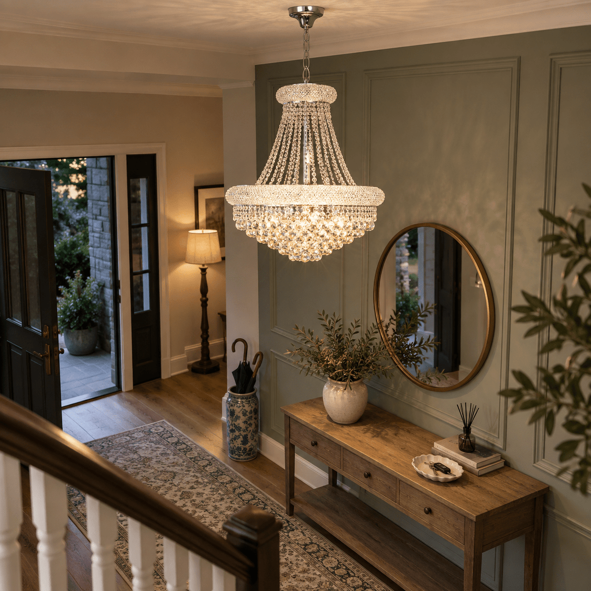 Grand Medium Basket Chandelier — Entrance hall welcome glow with tall perspective