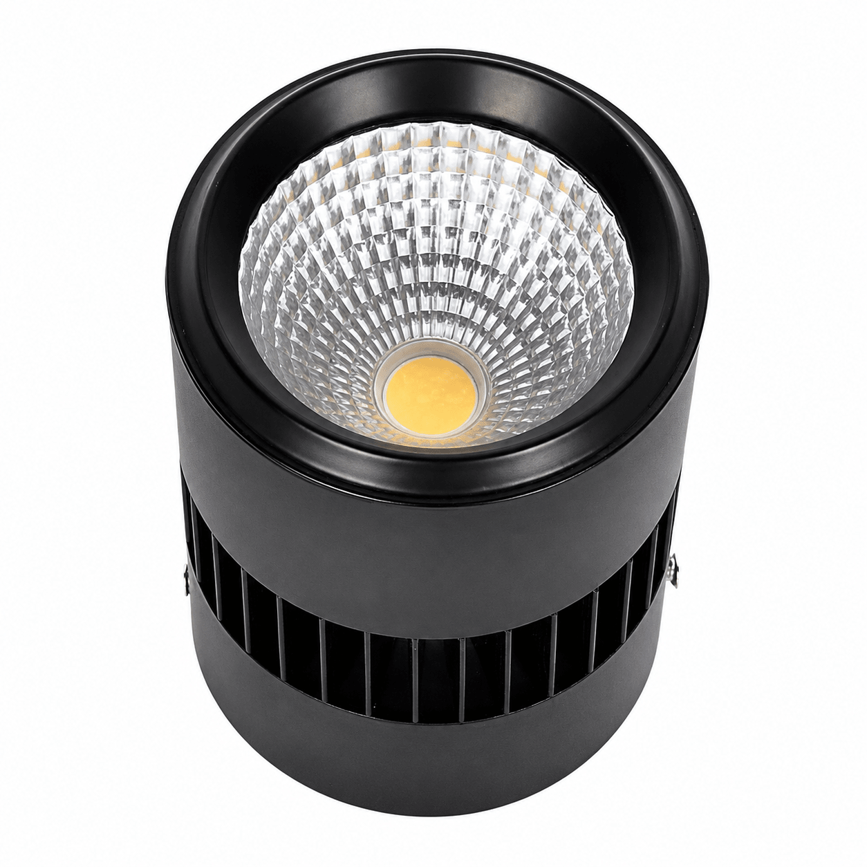 Modern surface-mounted LED downlight with a sleek black finish and a textured lens for focused illumination.