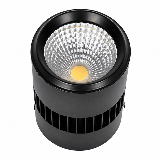 Modern surface-mounted LED downlight with a sleek black finish and a textured lens for focused illumination.