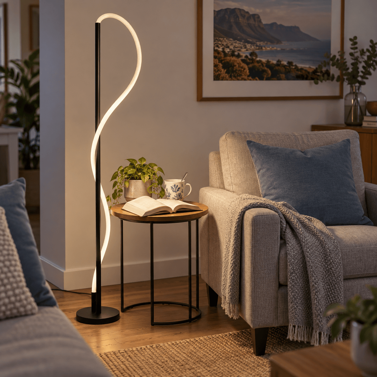 Pana Woven Flex LED Floor Lamp lifestyle: Living room beside sofa reading corner