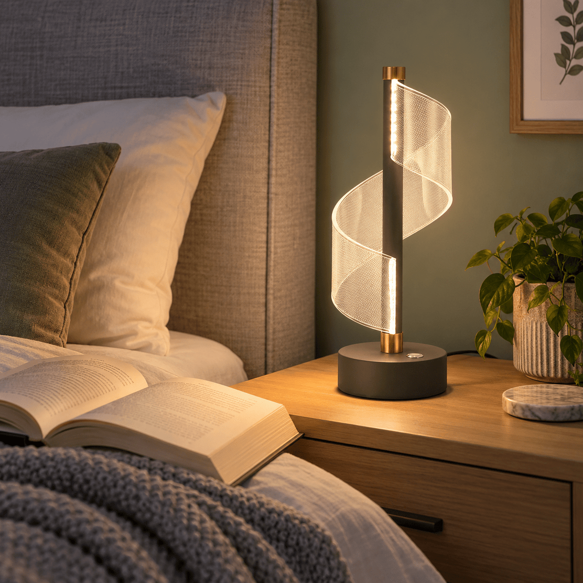 Oh My! Grey LED Table Lamp lifestyle: Bedside reading nook with grey-and-gold lamp